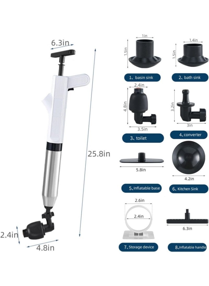 9PCS Toilet Air Plunger Kit, Stainless Steel High Pressure Drain Blaster, Pipe Clog Remover for Bathroom Sink Kitchen Toilet Blocked Pipes (White) - Image 2